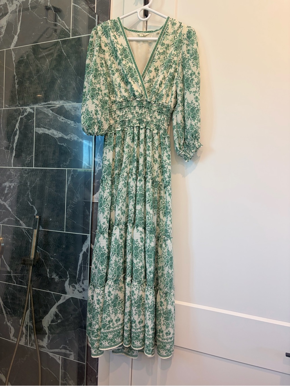 Max Studio Green Floral V-Neck Smocked Waist Maxi Dress